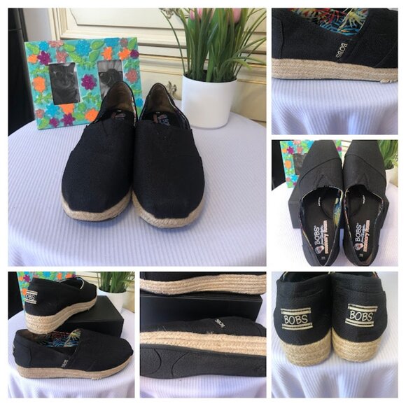 Skechers BOBS Black Espadrille Slip On Wedge Heel in Women's 8M - Picture 1 of 16